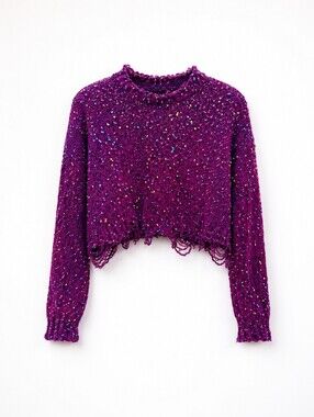Main Strip Confetti Sweater Small Purple Chunky Knit Distressed Crop Cozy Boho